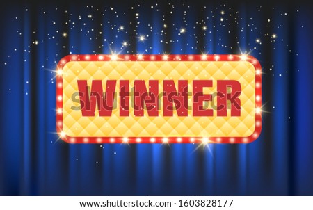 Winner frame label with falling confetti. Light Bulb Frame on Blue Curtain Background with wording Winner. 