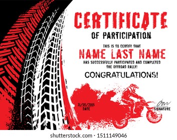 Winner or participation certificate with tire tracks print elements. Off road grunge background. Graphic illustration. The image in black, red, white color with copy space - Powered by Shutterstock