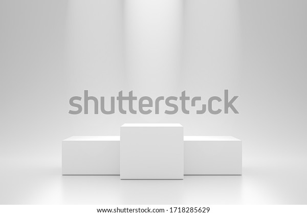 Winner podium and blank stand on pedestal\
background with spotlight product shelf. Blank studio podium for\
advertising. 3D\
rendering.