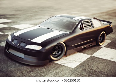 Winner S Circle, Race Car Posed At The Checkered Finish Line. 3d Rendering