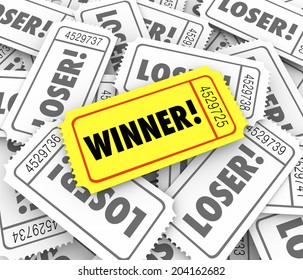 Winner Word On A Golden Or Yellow Ticket Pile Loser Tickets  Lucky Drawn Winning Entry 