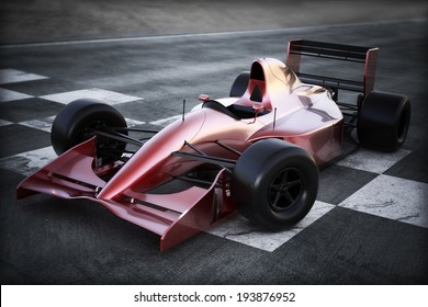 Winner's Circle. Race Car Posed At The Checkered Finish Line.