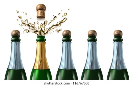 Winning Bid And New Contract Success As A Business Project Win After A Proposal For A Job With Five Champagne Bottles With Closed Corks And A Chosen One Popping The Cork In Splash Celebration.