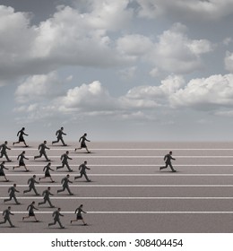 Winning The Race Business Concept As A Group Of Businesspeople Running Together With An Individual Businessman Breaking Away From The Pack Heading Towards The Finnish Line As A Success Metaphor.