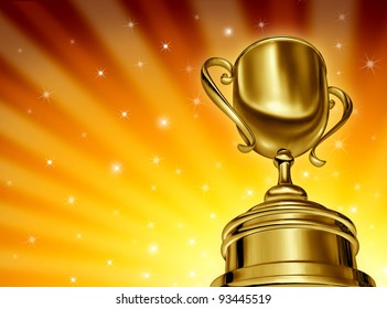 Winning success gold cup award in a dynamic perspective as a golden star burst glowing background with sparkles in sports and being a champion in a competition or tournament for best business.