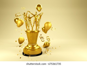 Winning Team. Gold Trophy Team Champions. 3D Illustration.