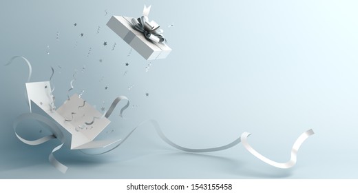 Winter abstract design minimal creative concept, white opened gift box and confetti on blue pastel background. Copy space text area. 3D rendering illustration. - Powered by Shutterstock