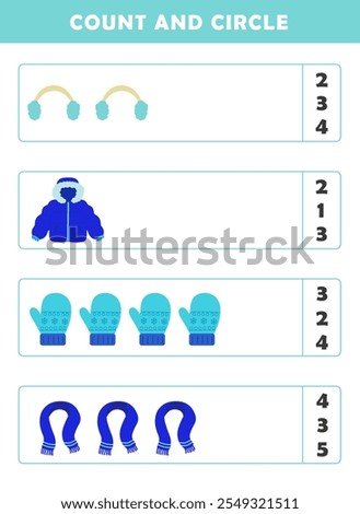  Winter activity sheet. Count and circle the correct number. Counting educational children game. Math kids activity sheet. How many counting game with cute winter clothing illustration.