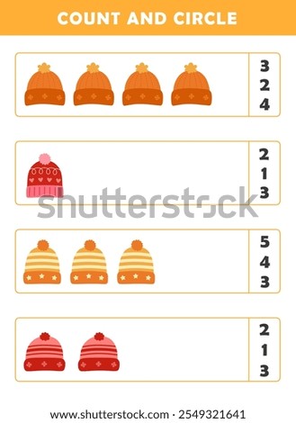 Winter activity sheet. Count and circle the correct number. Counting educational children game. Math kids activity sheet. How many counting game with cute winter clothing illustration.