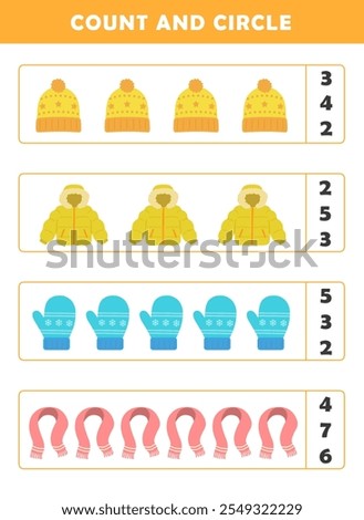 Winter activity sheet. Count and circle the correct number. Counting educational children game. Math kids activity sheet. How many counting game with cute winter clothing illustration.