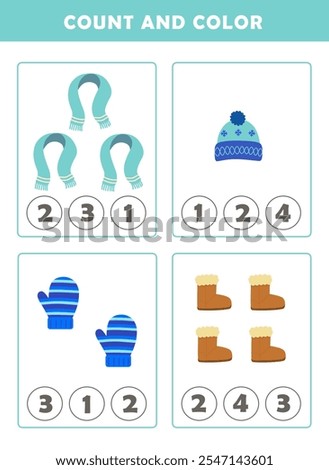 Winter activity sheet. Count and color worksheet for kids. Math Game with Cute Pictures. Math Activities for Children.