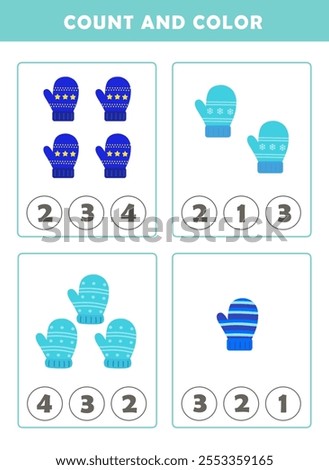 Winter activity sheet. Count and color worksheet for kids. Math Game with Cute Pictures. Math Activities for Children.