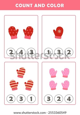 Winter activity sheet. Count and color worksheet for kids. Math Game with Cute Pictures. Math Activities for Children.	