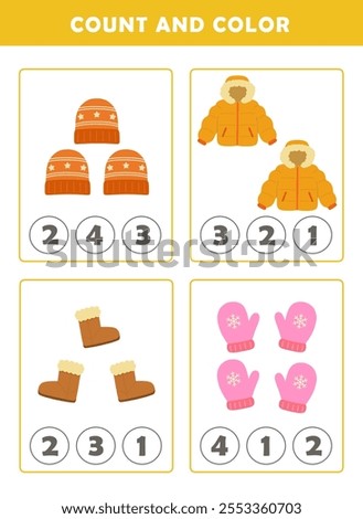 Winter activity sheet. Count and color worksheet for kids. Math Game with Cute Pictures. Math Activities for Children.	
