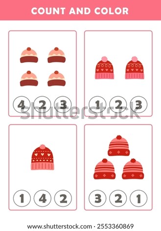 Winter activity sheet. Count and color worksheet for kids. Math Game with Cute Pictures. Math Activities for Children.	