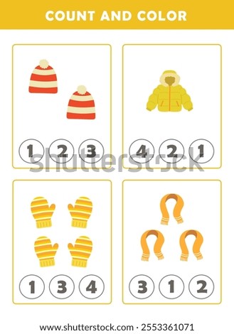 Winter activity sheet. Count and color worksheet for kids. Math Game with Cute Pictures. Math Activities for Children.