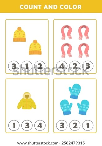 Winter activity sheet. Count and color worksheet for kids. Math Game with Cute Pictures. Math Activities for Children.