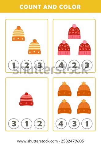 Winter activity sheet. Count and color worksheet for kids. Math Game with Cute Pictures. Math Activities for Children.