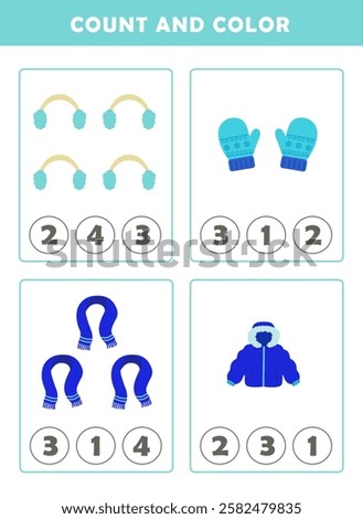 Winter activity sheet. Count and color worksheet for kids. Math Game with Cute Pictures. Math Activities for Children.