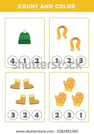 Winter activity sheet. Count and color worksheet for kids. Math Game with Cute Pictures. Math Activities for Children.