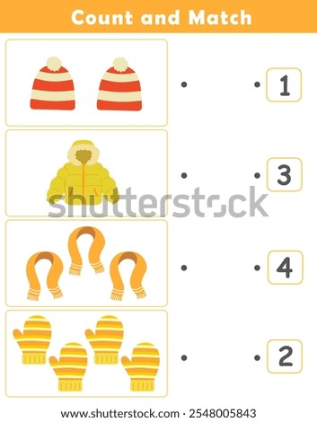 Winter activity sheet. Counting educational children game. Math kids activity sheet. How many counting game with cute winter clothing illustration.	