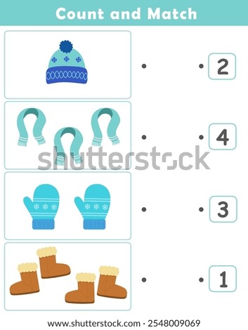 Winter activity sheet. Counting educational children game. Math kids activity sheet. How many counting game with cute winter clothing illustration.