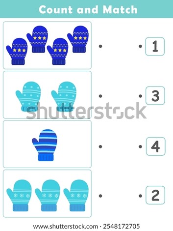 Winter activity sheet. Counting educational children game. Math kids activity sheet. How many counting game with cute mittens illustration.