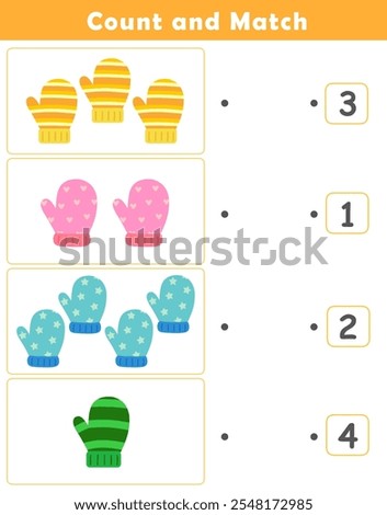 Winter activity sheet. Counting educational children game. Math kids activity sheet. How many counting game with cute mittens illustration.