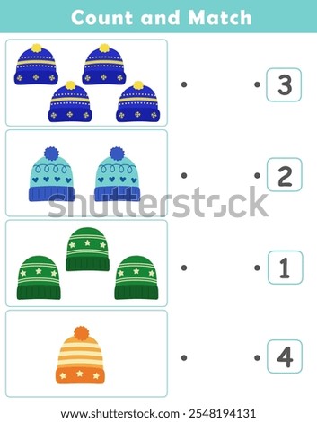 Winter activity sheet. Counting educational children game. Math kids activity sheet. How many counting game with cute beanie hat illustration.	
