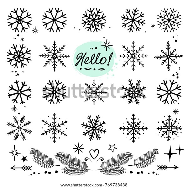 winter art hand drawn snowflakes icons set on\
white background