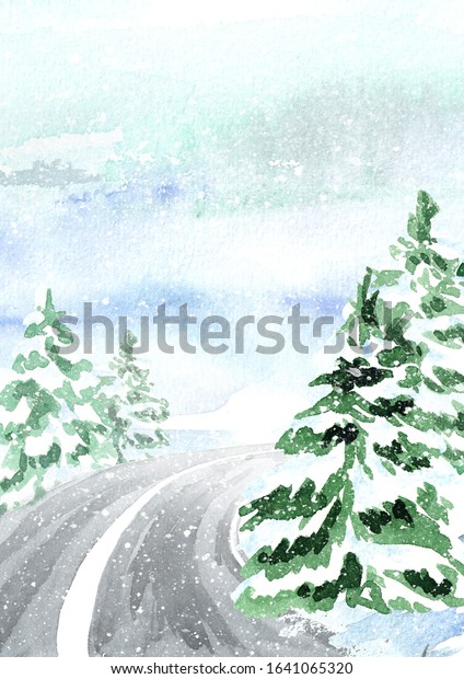 Winter\
background, landscape with the road. Trip concept. Watercolor hand\
drawn vertical illustration with copy\
space