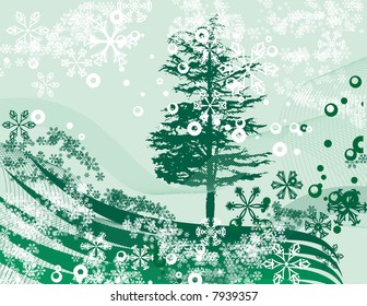 Winter background with a pine tree and snowflakes.