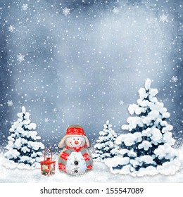 Winter Background With A Snowman And Christmas Trees