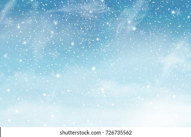 Winter Blue Sky With Falling Snow, Snowflake. Holiday Winter Background For Merry Christmas And Happy New Year. Illustration