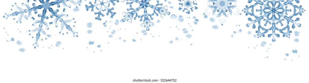 Winter Border With Blue Snowflakes On White Background . Hand-painted Horizontal Illustration For Happy New Year And Merry Christmas Border