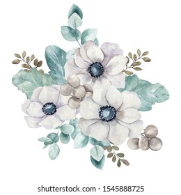 Winter Bouquet Of Pure Flowers And Leaves, Watercolor Hand Draw Floral Element Isolated On White Background