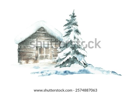 Winter cabin with snowy pine tree Landscape with rustic wooden house, winter chalet a snow covered roof. Watercolor hand drawn illustration isolated from background for holiday, Christmas card, poster