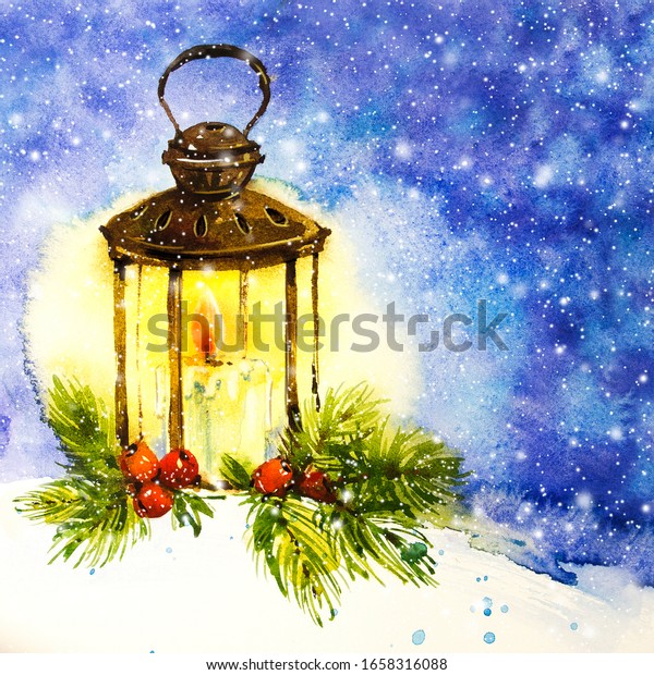 ロウソクともみの枝を持つ冬の燭台 水彩手描きの植物イラスト 水彩クリスマス 雪の中で冬の燭台 のイラスト素材