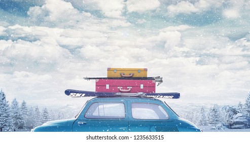 Winter Car With Luggage On The Roof Ready For Summer Vacation 3D 4Rendering, 3D Illustration