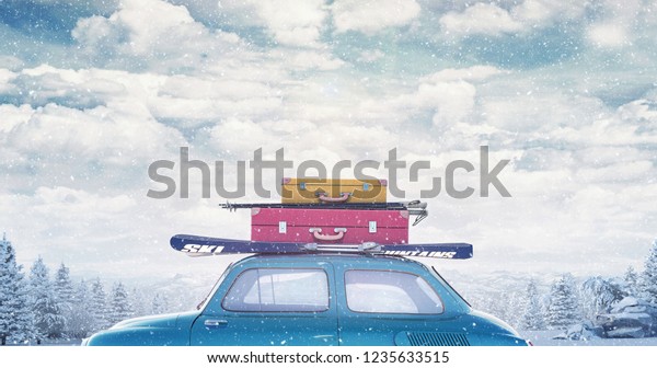 Winter car with luggage on\
the roof ready for summer vacation 3D 4Rendering, 3D\
illustration
