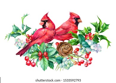 Winter Card, Beautiful Birds Red Cardinals Watercolor On A White Background, Christmas Composition, New Year Holiday
