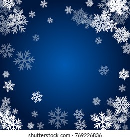 Winter card border of snow flakes falling image background. Snowflake flying border macro illustration,card or banner with snow elements, flakes confetti scatter frame. Cold weather winter symbols.