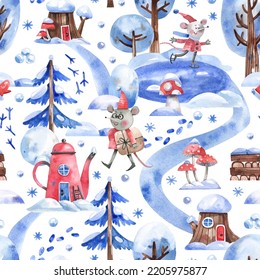 Winter cartoon background and forest fairy landscape  cute mice characters  fairy houses  New Year  Christmas seamless pattern in kids style 