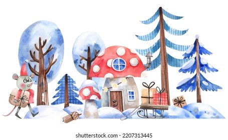 Winter cartoon illustration and fly agaric house  snowy forest  Christmas trees  gifts   cute cartoon characters New Year  Christmas watercolor illustration 