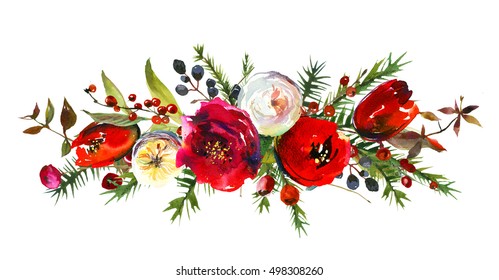 Winter Christmas Floral bouquet red burgundy white green leaves warm colors flowers fur tree branches red berries warm colors isolated on white background landscape.