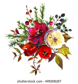 Winter Christmas Floral bright  bouquet red burgundy purple white green leaves warm colors flowers fur tree branches red and blue berries warm colors isolated on white background landscape festive.