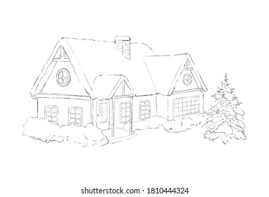Winterweihnachtslandschaft mit Landhaus, Schnee und Bäumen einzeln auf weißem Hintergrund. Skizzengrafik