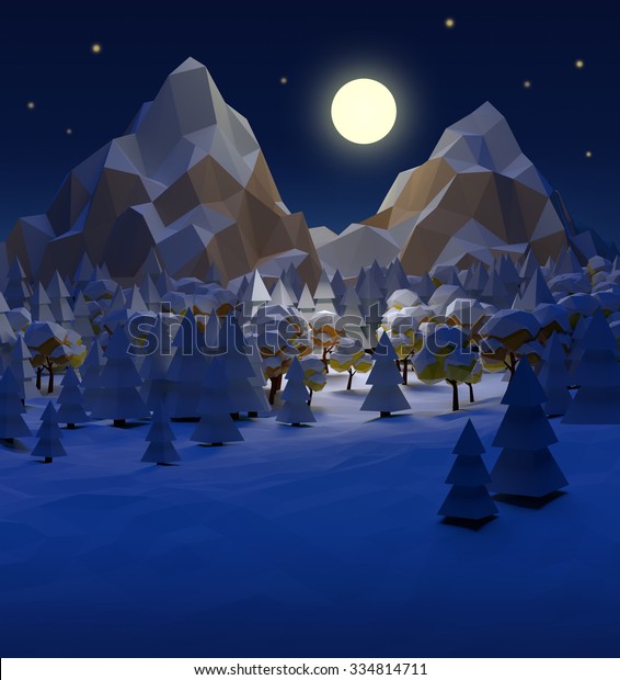 冬のクリスマスの夜景イラスト シーン 漫画の雪の多い濃い青の森 星 愚かな月 低ポリ3dの山 のイラスト素材
