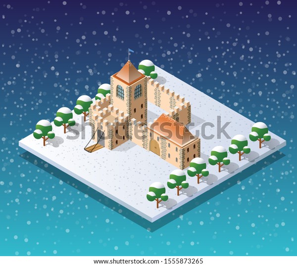 Winter\
Christmass city isometric with\
buildings
