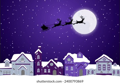 Winter city night landscape with Santa Claus sleigh over full moon.  Christmas snowy village. Concept for greeting and postal card, invitation, template. - Powered by Shutterstock